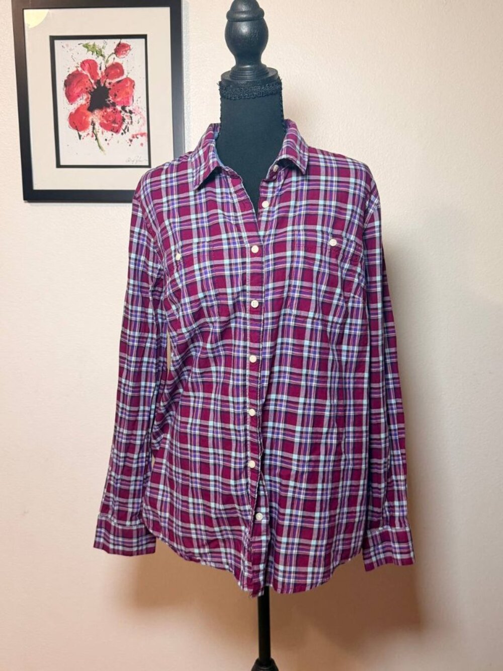 St John's Bay Fall Flannel Plaid Button Down Shirt Berry Purple Cotton L